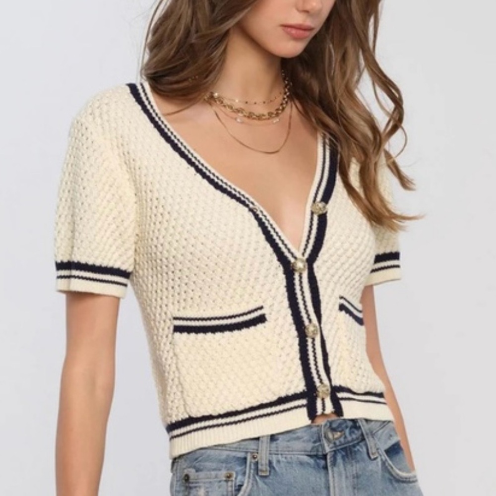 Heartloom Salinas Cream Short-Sleeve Pointelle Knit Cotton Cardigan Sweater XS